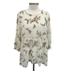 Umgee Womens Sheer Floral Peasant Blouse Top Lace Trim Size L Cream Boho Style